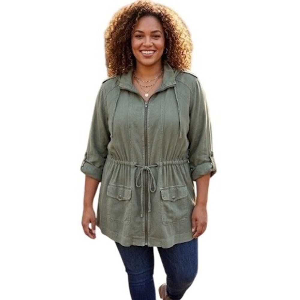 Torrid‎ Womens Plus Size 3 Olive Green Cotton Utility Anorak Hooded Jacket